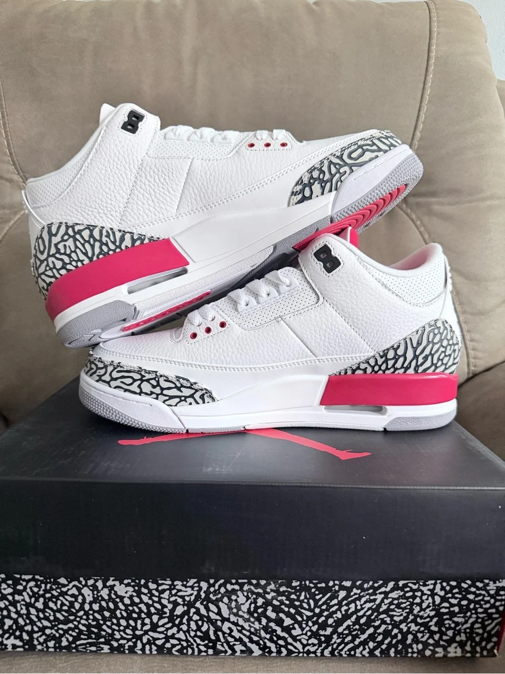 Jordan Men's White and Pink Retro Sneakers with Elephant Print